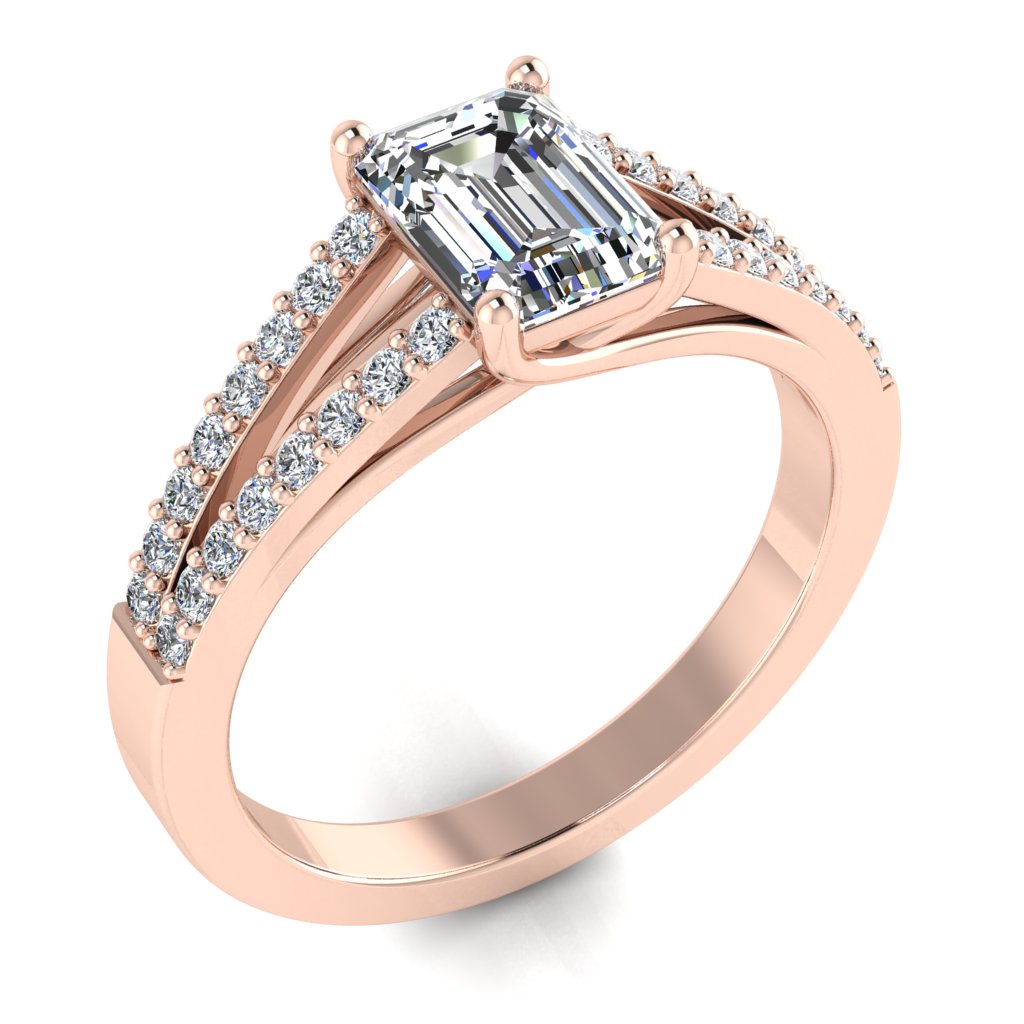 Emerald Diamond Rose Gold Ring, Micro Split Shoulder Set | LGE RX4509