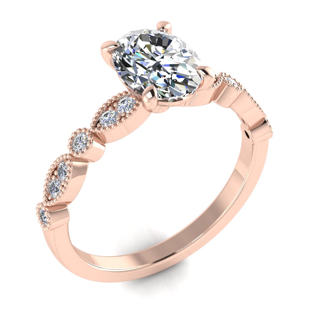 Oval Diamond Rose Gold Ring, Millgrain Fancy Diamond Shoulder Set | SMO MT1191M