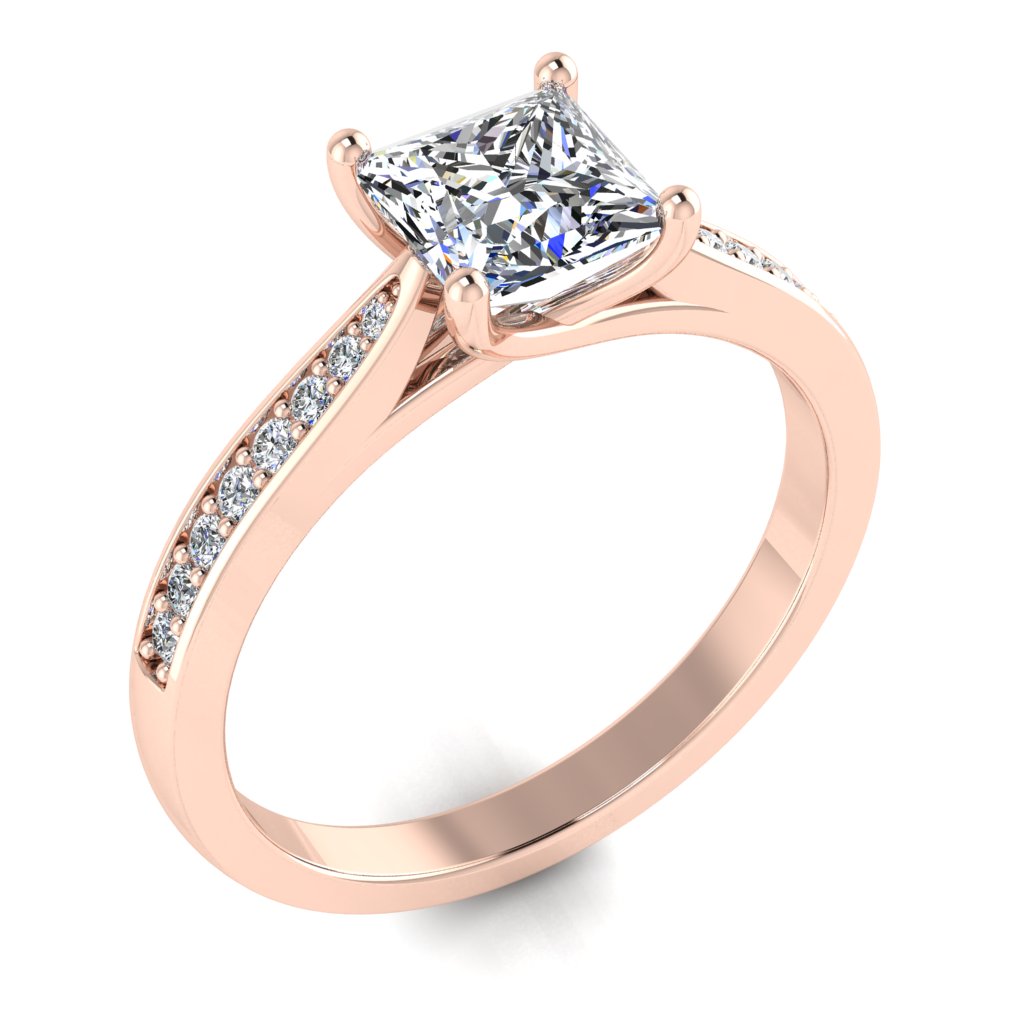 Princess Diamond Rose Gold Ring, Tapered Grain Shoulder Set | SME RX5652
