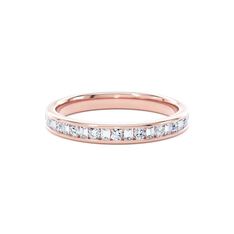 Round & Baguette Diamond Rose Gold Ring, Channel Set Half Eternity | ET1229