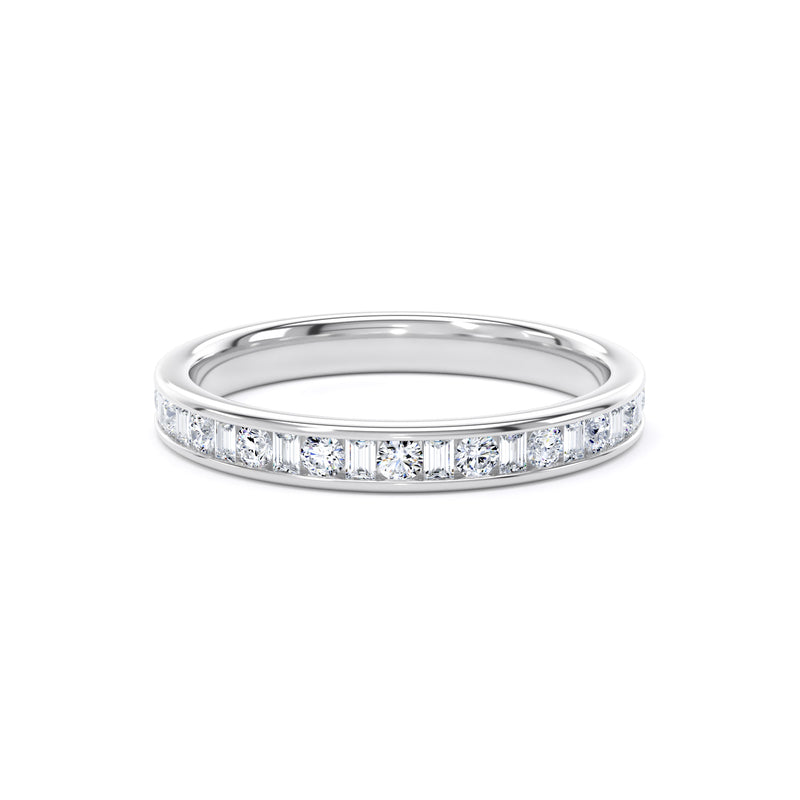 Round & Baguette Diamond White Gold Ring, Channel Set Half Eternity | ET1229