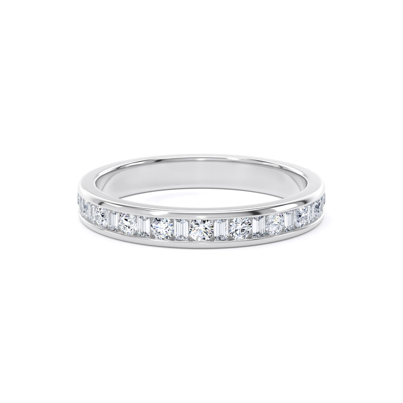 Round & Baguette Diamond White Gold Ring, Channel Set Half Eternity | ET1229