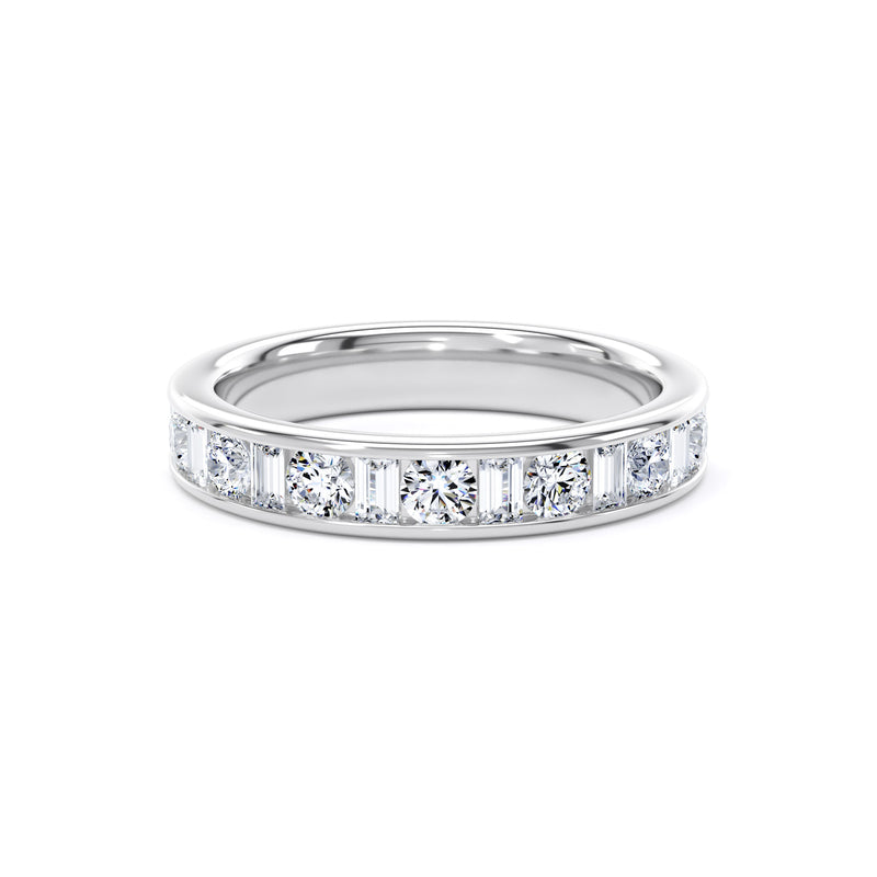Round & Baguette Diamond White Gold Ring, Channel Set Half Eternity | ET1229