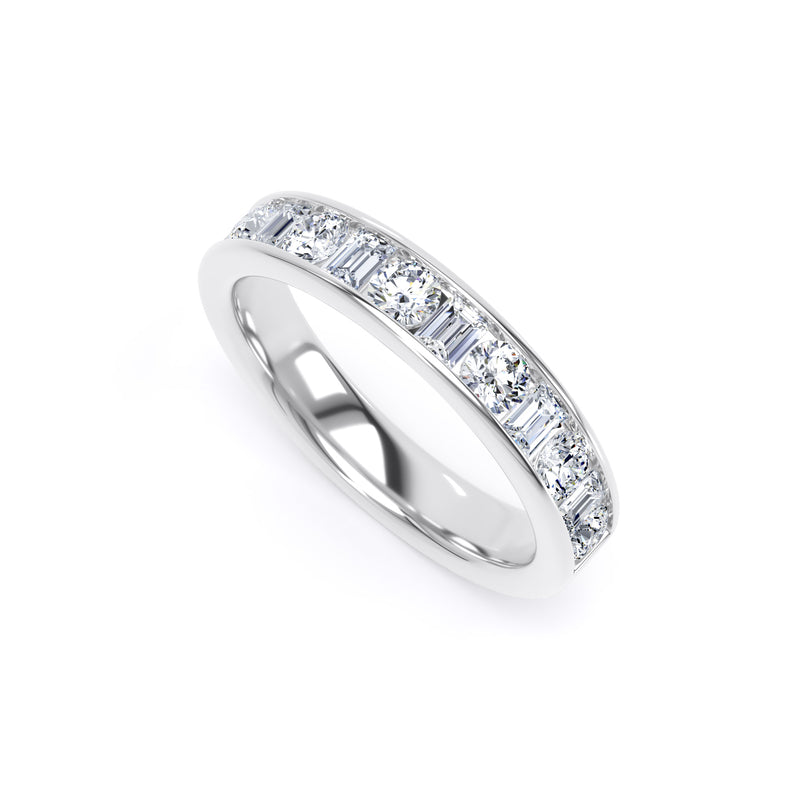 Round & Baguette Diamond White Gold Ring, Channel Set Half Eternity | ET1229