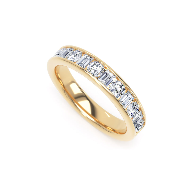 Round & Baguette Diamond Yellow Gold Ring, Channel Set Half Eternity | ET1229