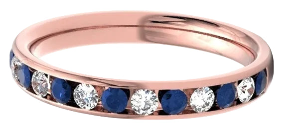 A rose gold eternity ring featuring alternating deep blue sapphires and clear round-cut diamonds, shown on a clean white background.