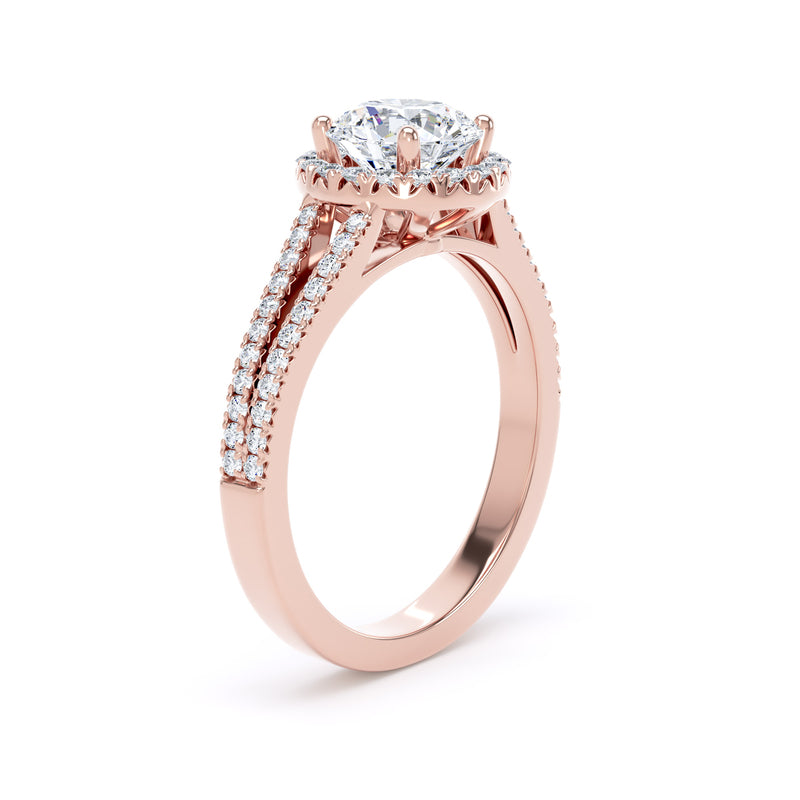 Halo Split Diamond Shoulder Ring | Rose Gold, Round Diamond | RHF01 SMR