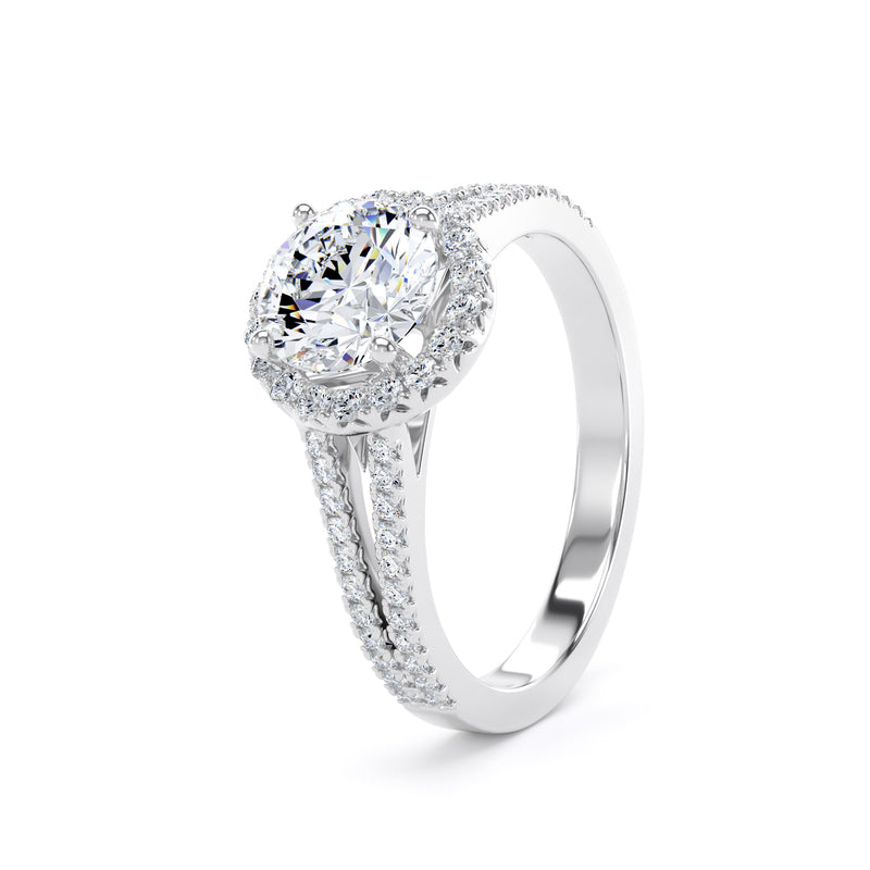 Halo Split Diamond Shoulder Ring | White Gold, Round Diamond | RHF01 LGR