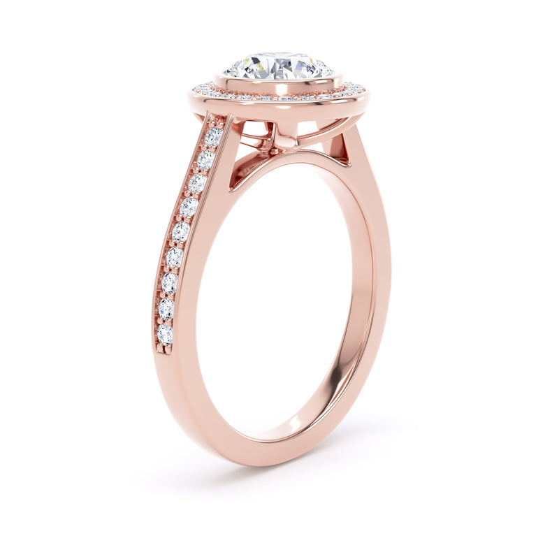 Round Diamond Rose Gold Ring, Grain Shoulder Bezel Halo | LGR RHG01