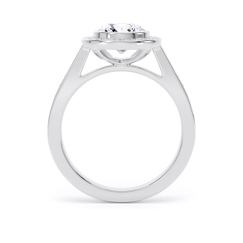 Round Diamond White Gold Ring, Grain Shoulder Bezel Halo | LGR RHG01