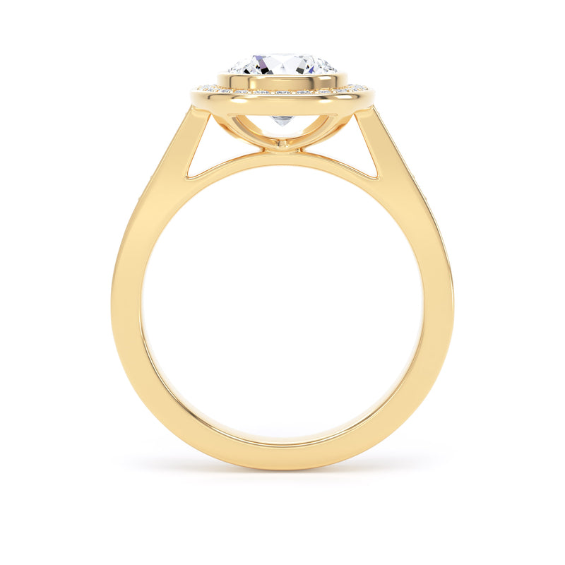 Round Diamond Yellow Gold Ring, Grain Shoulder Bezel Halo | SMR RHG01