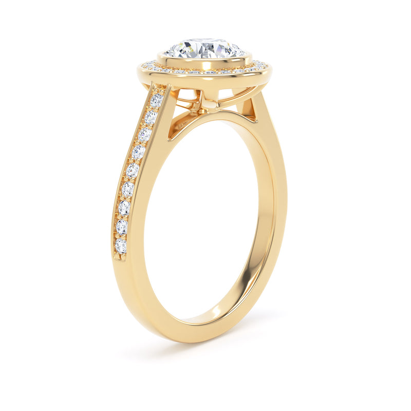 Round Diamond Yellow Gold Ring, Grain Shoulder Bezel Halo | LGR RHG01