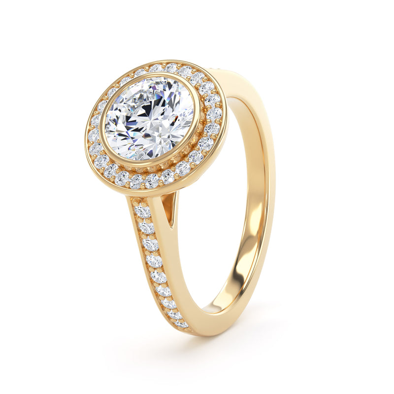 Round Diamond Yellow Gold Ring, Grain Shoulder Bezel Halo | SMR RHG01