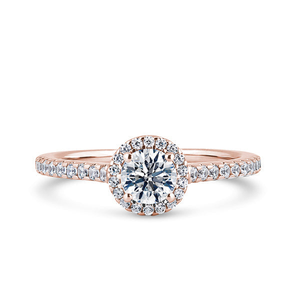 Round Halo Rose Gold Ring, Shoulder Set | RHW01 SMR