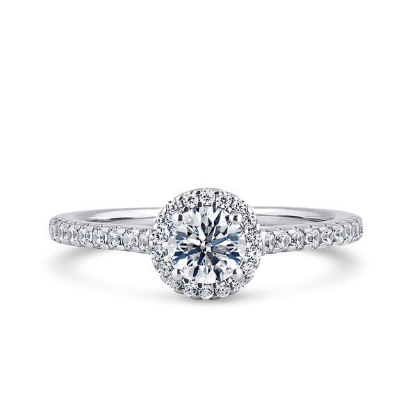 Round Halo White Gold Ring, Shoulder Set | RHW01 SMR
