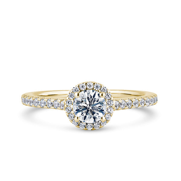 Round Halo Yellow Gold Ring, Shoulder Set | RHW01 SMR