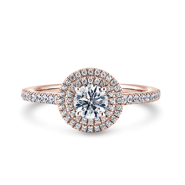 Round Double Halo Rose Gold Ring, Shoulder Set | RHW02 LGR