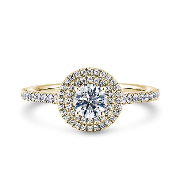 Round Double Halo Yellow Gold Ring, Shoulder Set | RHW02 SMR