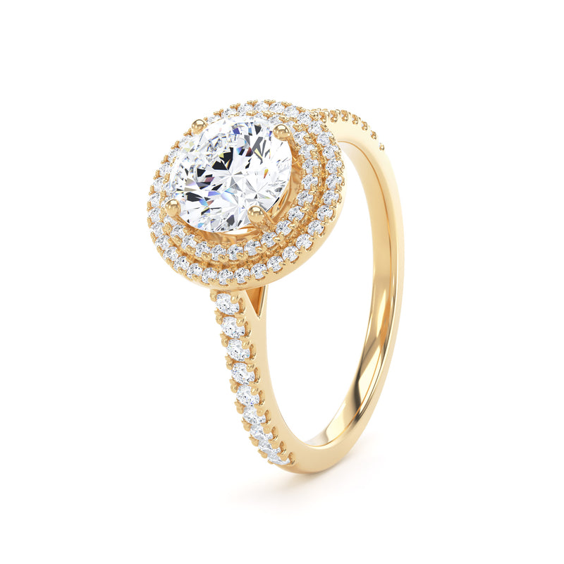 Double Halo Shoulder Set Ring | Yellow Gold, Round Diamond | RHW02 SMR