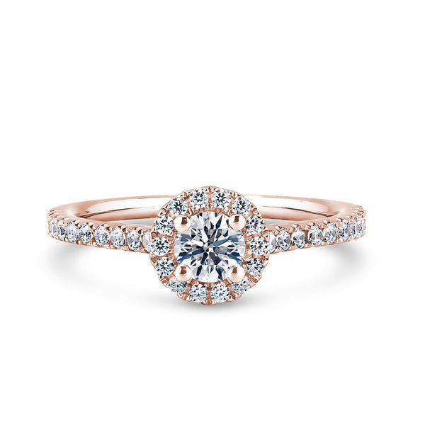 Round Halo Rose Gold Ring, Fishtail Shoulder Set | RHW03 SMR