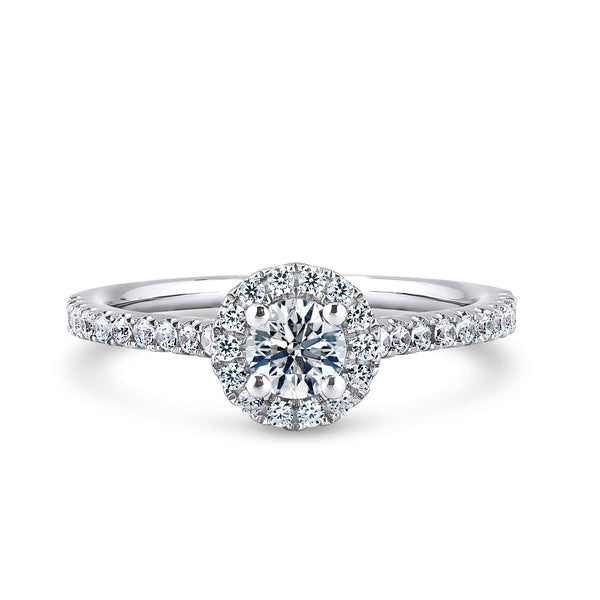 Round Halo Platinum Ring, Fishtail Shoulder Set | RHW03 SMR