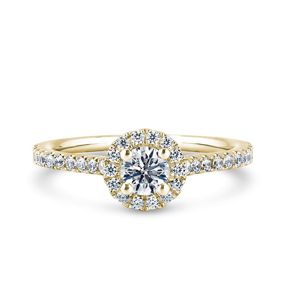 Round Halo Yellow Gold Ring, Fishtail Shoulder Set | RHW03 SMR