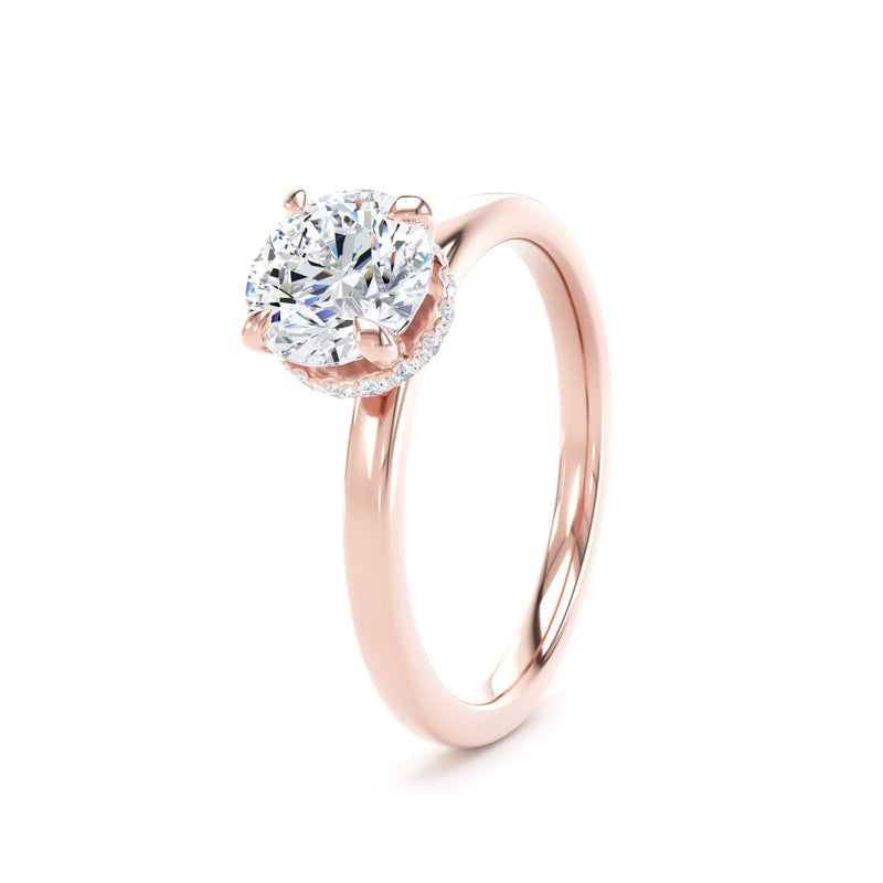 Round Diamond Rose Gold Ring, Plain Band Hidden Halo | SMR RPS01