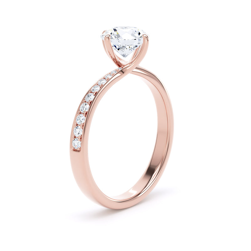 Round Diamond Rose Gold Ring, Twisted Grain Shoulder Set | SMR RSG03