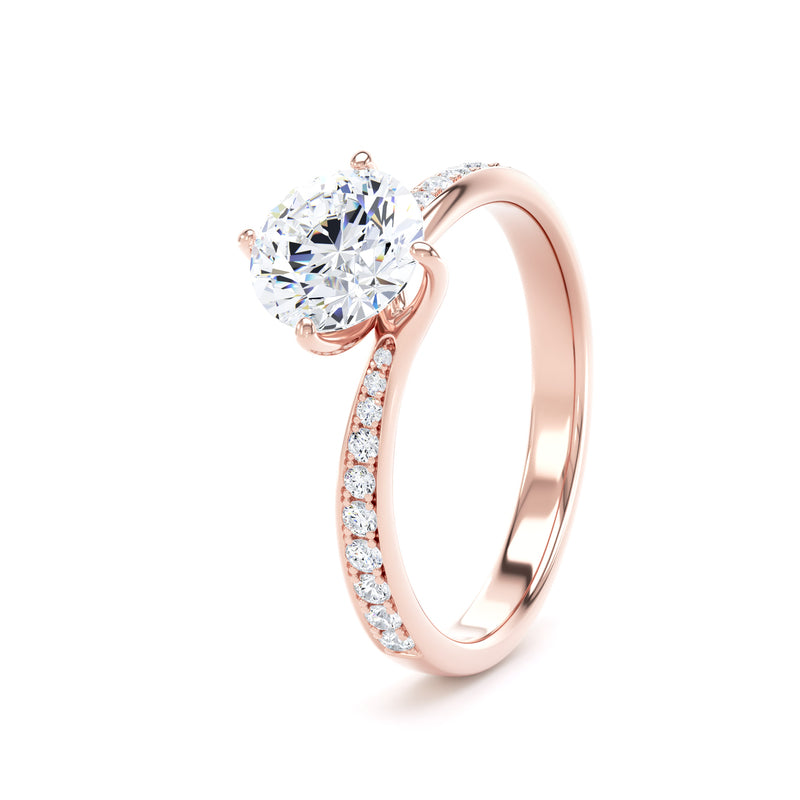 Round Diamond Rose Gold Ring, Twisted Grain Shoulder Set | SMR RSG03