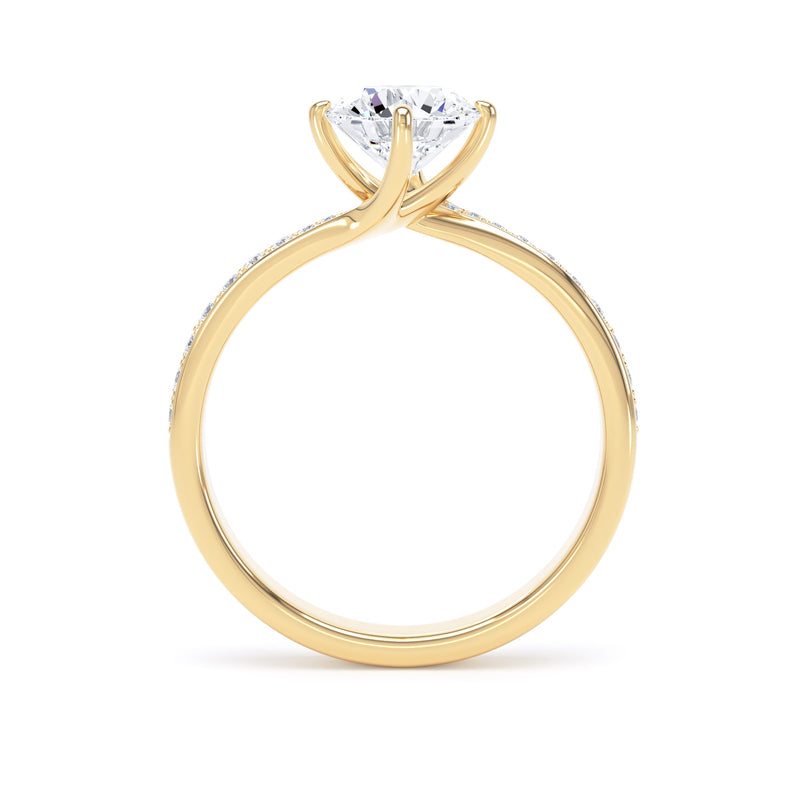 Round Diamond Yellow Gold Ring, Twisted Grain Shoulder Set | LGR RSG03