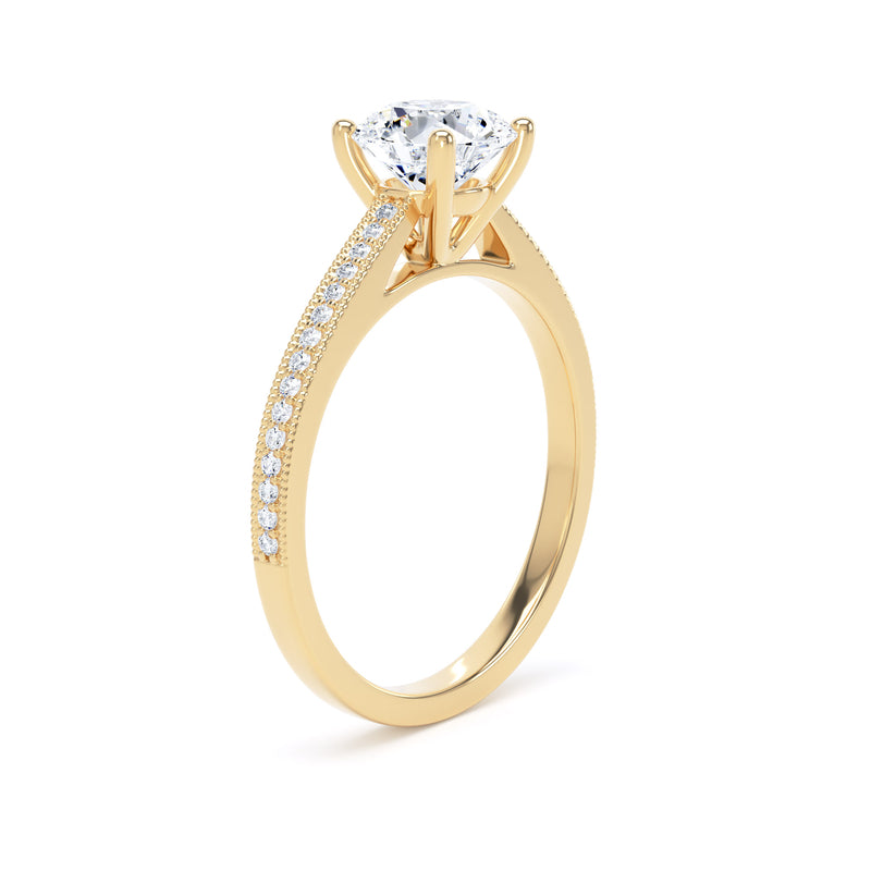 Round Shoulder Set Yellow Gold Ring, Millgrain | RSM01 SMR