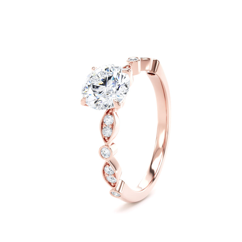 Round Diamond Rose Gold Ring, Fancy Diamond Shoulder Set | SMR RSV01