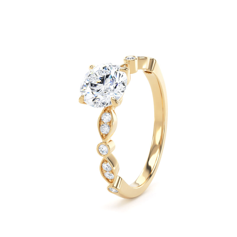 Round Diamond Yellow Gold Ring, Fancy Diamond Shoulder Set | SMR RSV01