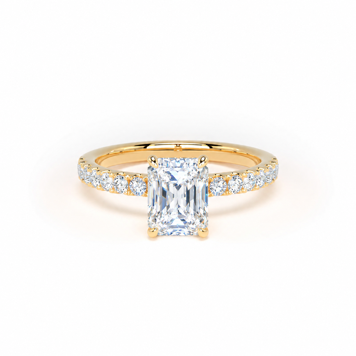 A yellow gold engagement ring featuring a large rectangular radiant-cut diamond center stone and a pavé-set diamond band, shown on a clean white background.