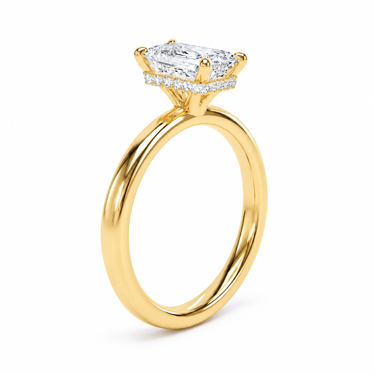 A yellow gold ring featuring a large rectangular radiant-cut diamond center stone and a halo of smaller round diamonds, shown on a clean white background.