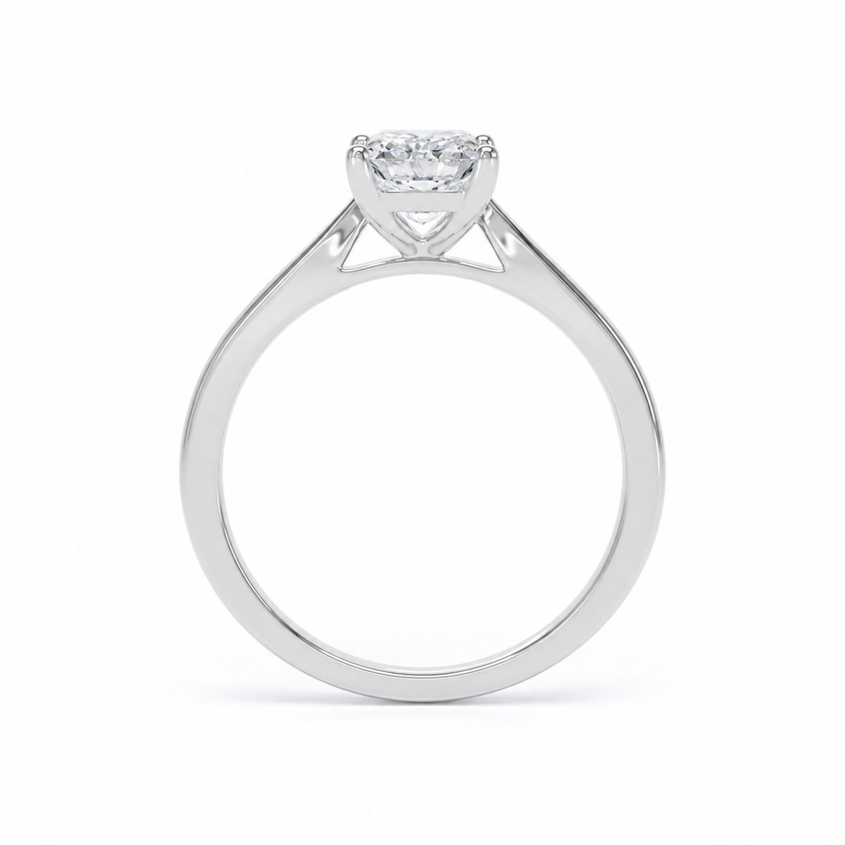 A classic solitaire engagement ring featuring a radiant brilliant-cut diamond set in a polished white gold or platinum band, shown against a solid white background.