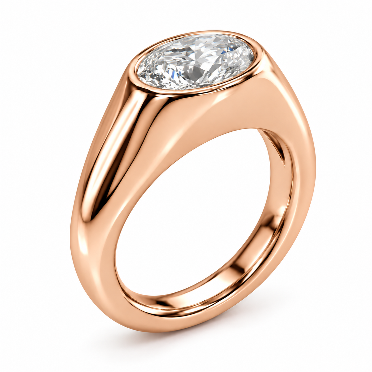A rose gold ring with a large oval-cut clear diamond, shown on a clean white background.