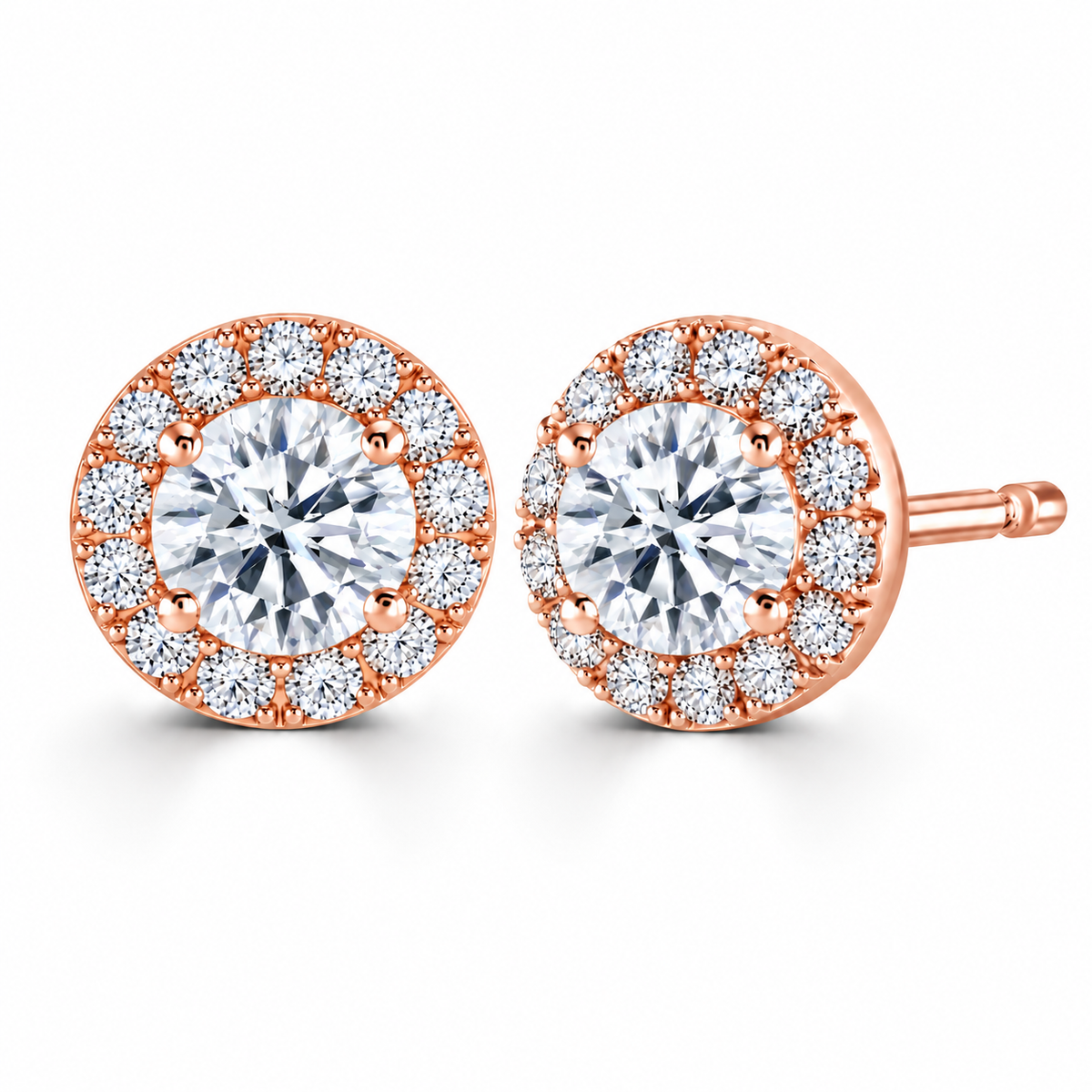 Round Diamond Rose Gold Earrings, Micro Set Halo | RE1001