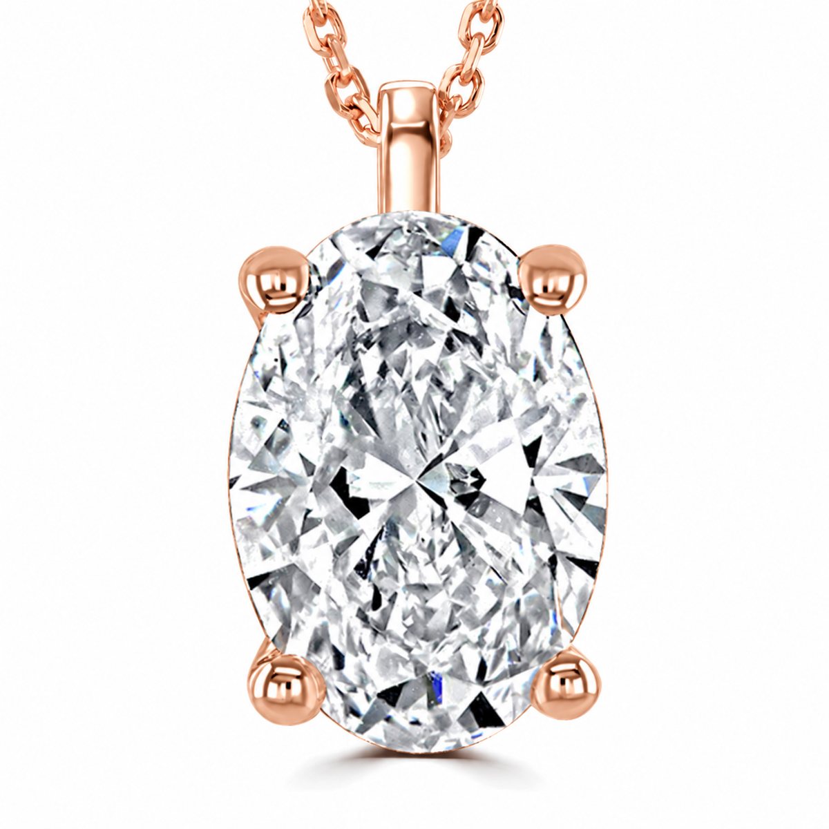 An oval-cut clear gemstone pendant in a rose gold four-prong setting on a matching rose gold chain, shown against a plain white background.