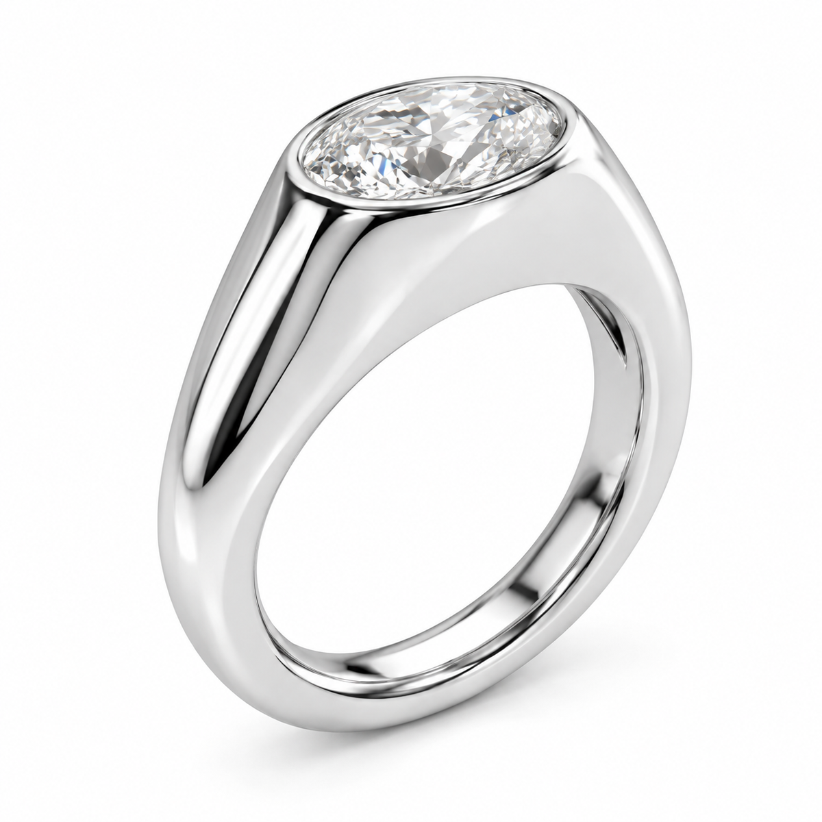 A polished silver-toned diamond ring featuring an oval-cut clear diamond in a wide, tapered band, shown on a clean white background.