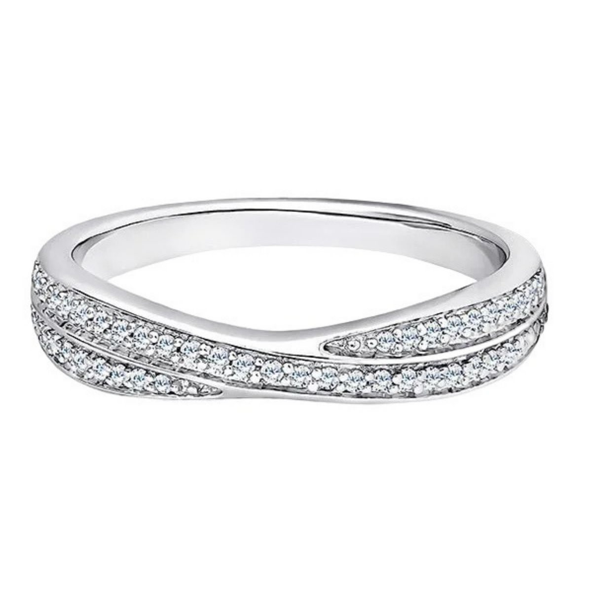A silver-toned twist band ring paved with small clear cubic zirconia stones, shown on a plain white background.