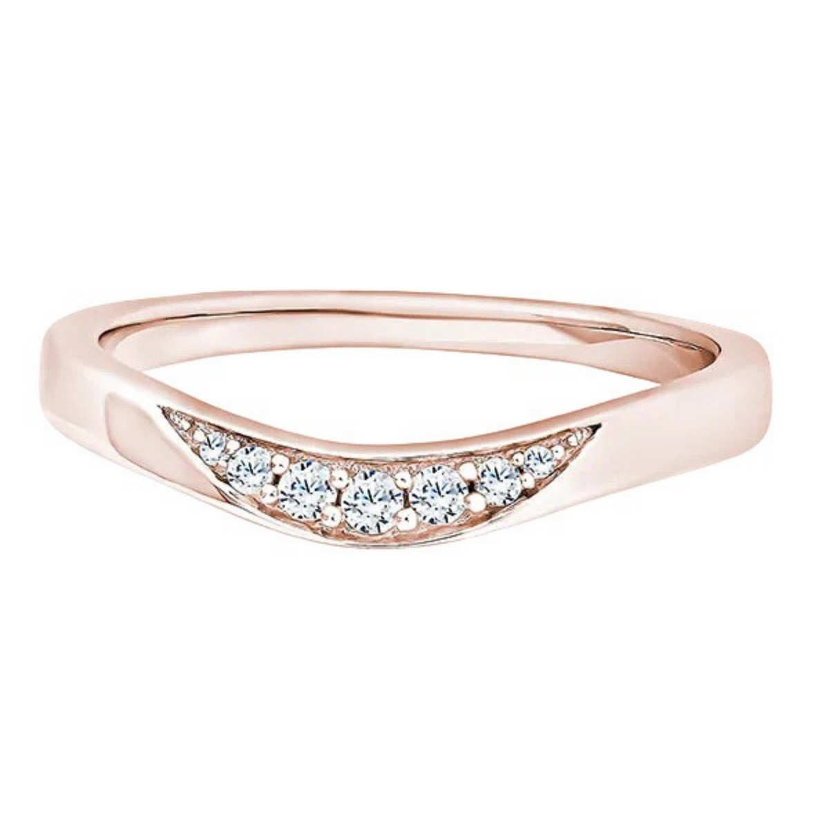 A rose gold ring with a curved, openwork design featuring a row of small clear pavé diamonds on the front, shown against a plain white background.