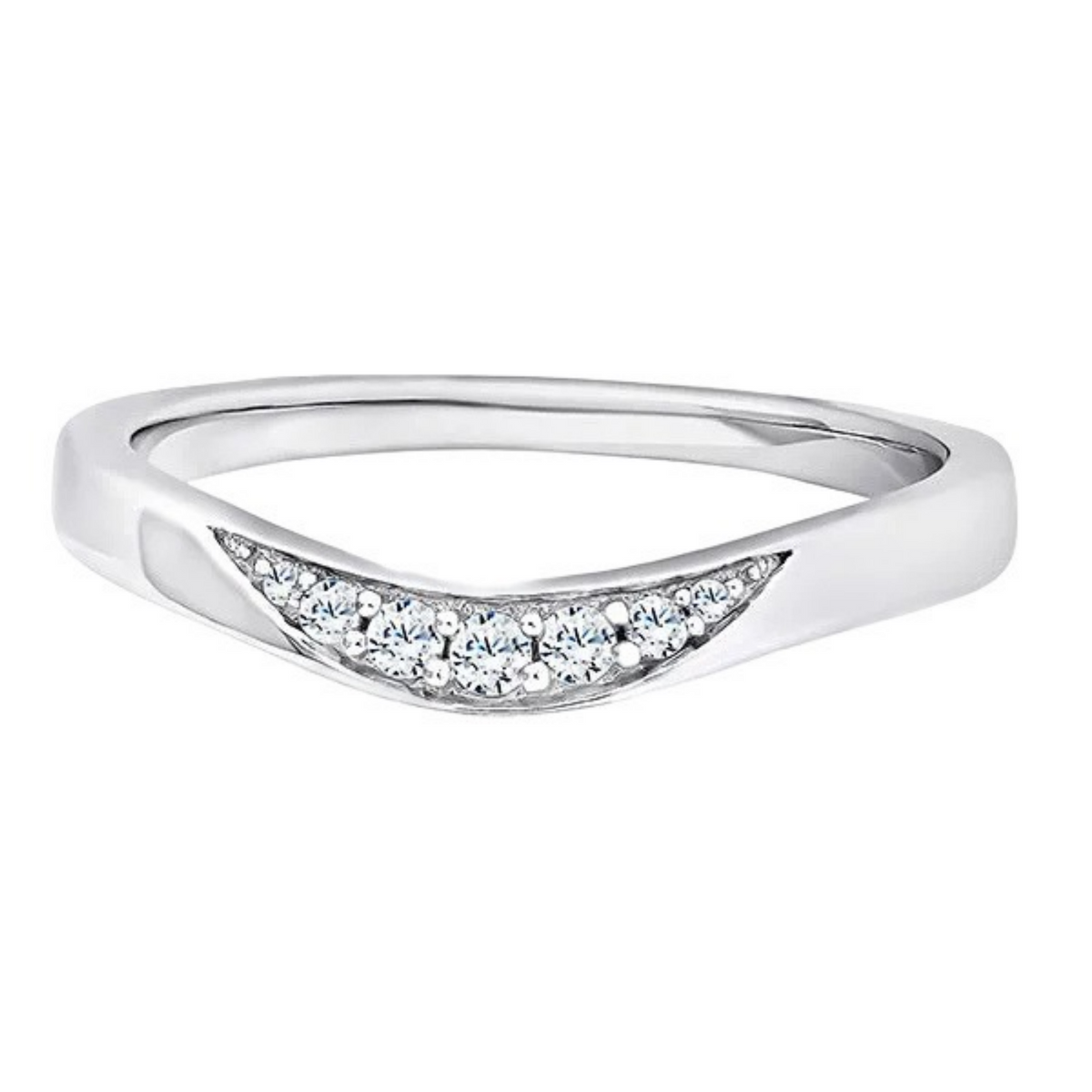 A silver-colored diamond band ring featuring a curved, chevron-like top section paved with small clear stones, set against a plain white background.