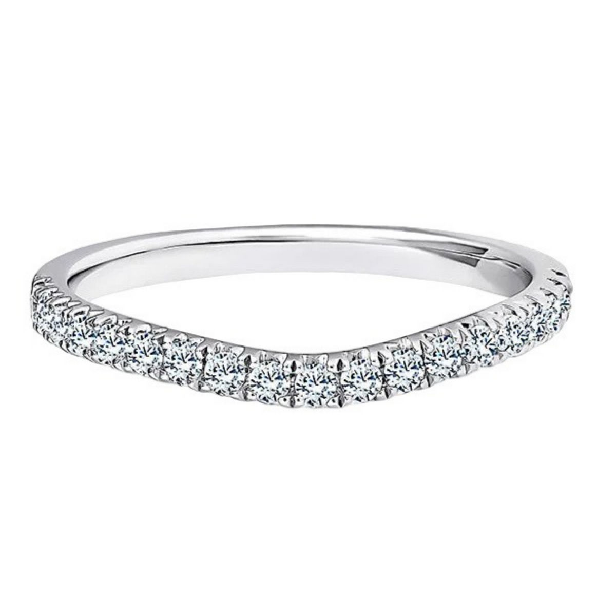 A white gold diamond band ring with a curved, pavé-set row of clear round-cut diamonds on a plain white background.