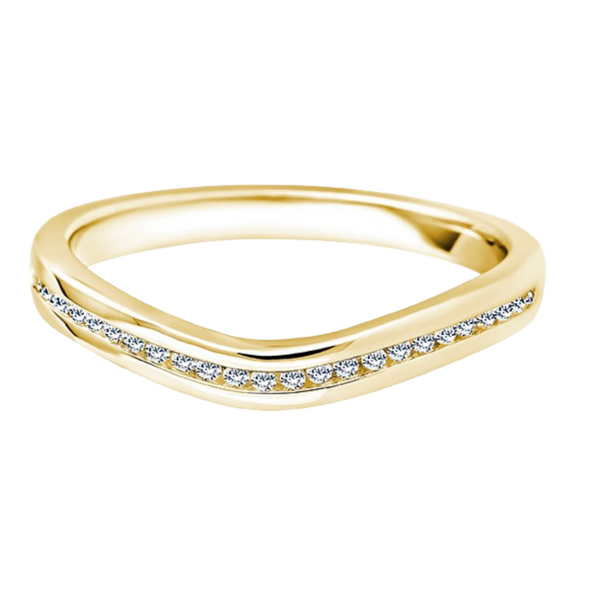 yellow gold curved eternity rign with a channel set design