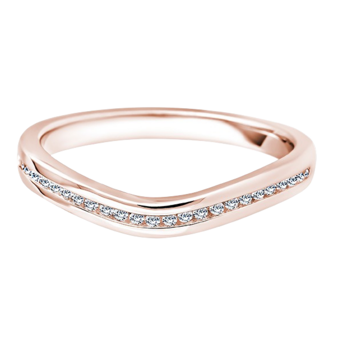 rose gold curved eternity rign with a channel set design