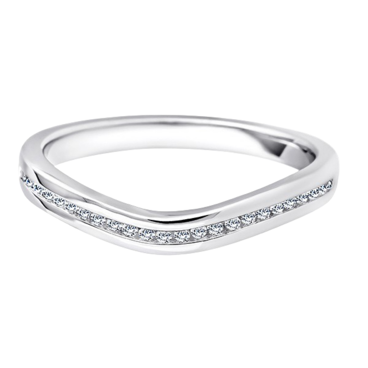 white gold curved eternity rign with a channel set design