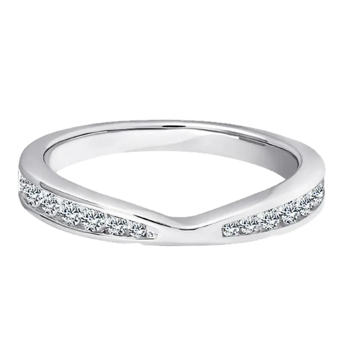 A silver-toned split-band ring featuring rows of small clear pavé diamonds along the front, shown on a plain white background.