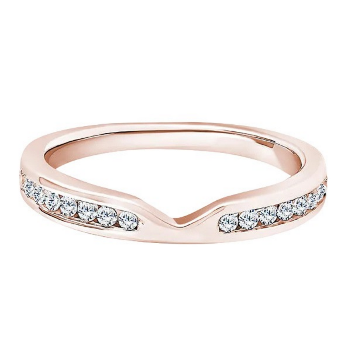 A rose gold band ring featuring two rows of small clear pavé-set round diamonds on a clean white background.
