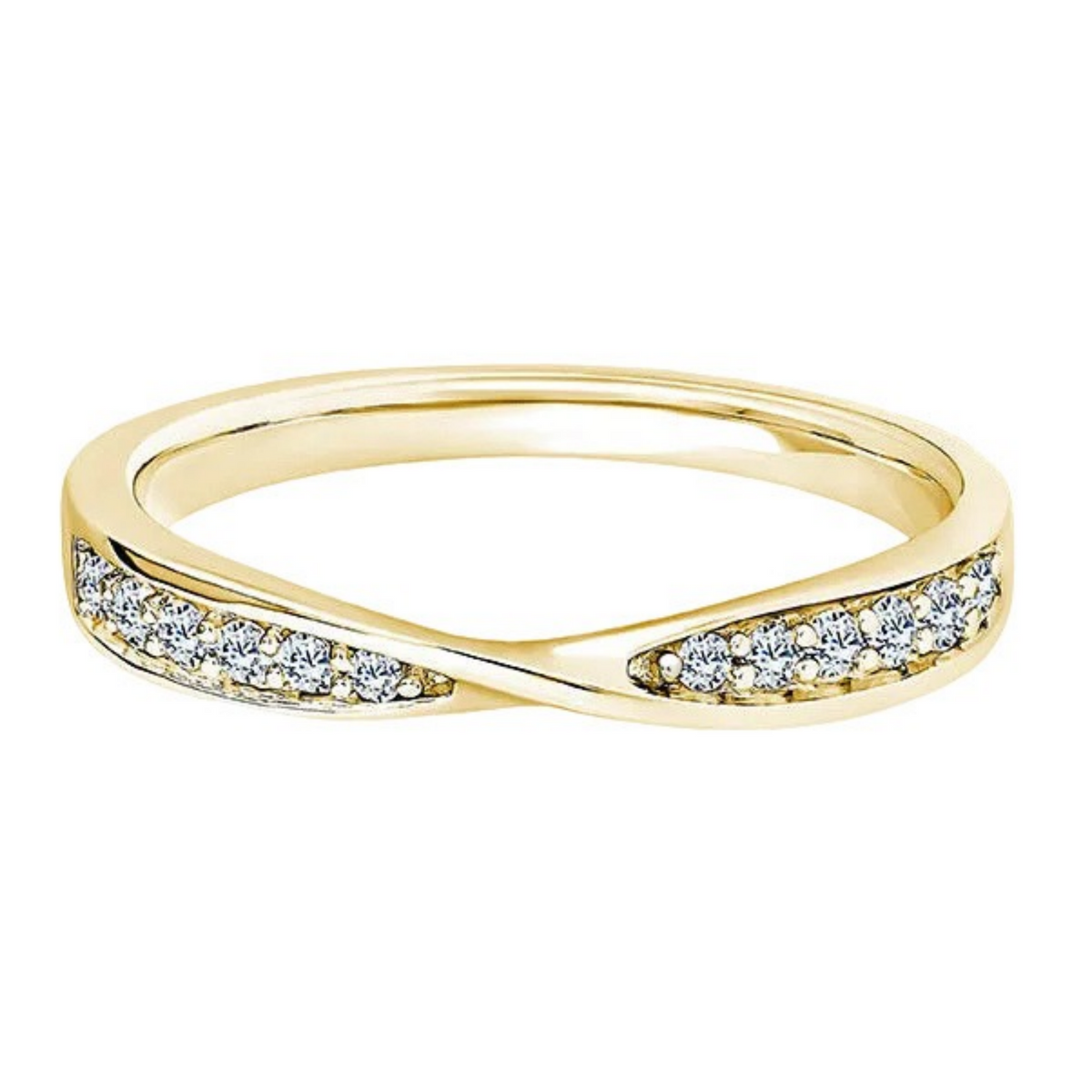 A yellow gold infinity-style ring featuring pavé-set clear stones along both curved ends, shown on a plain white background.